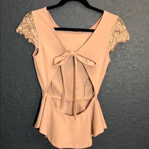 Nude blush Peplum open back top blouse with lace cap sleeve